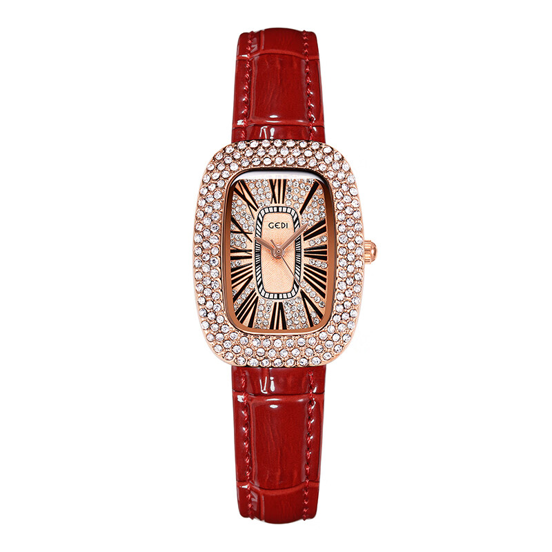 手表钻石水钻袋鼠专柜手表女款空姐小巧带钻时尚气质女表 罗马 红色（六芒星手镯+电池+克洛森套装皮盒+手提