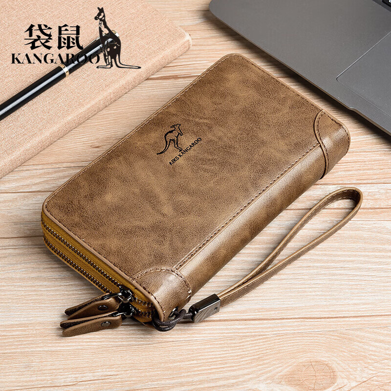 袋鼠(kangaroo)男士新款大容量双拉链手包钱包防盗刷多功能拉链卡包