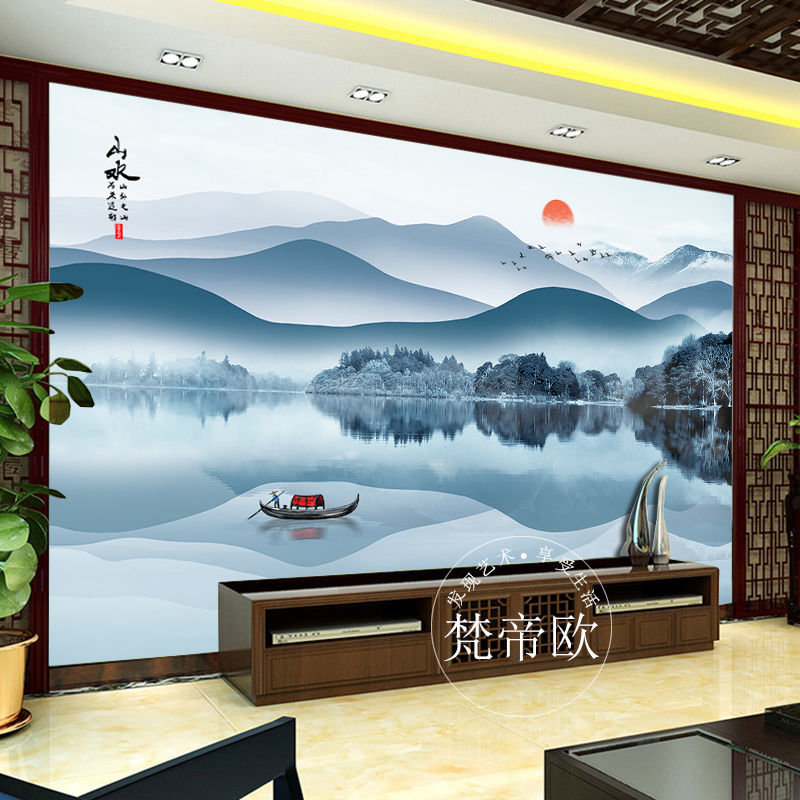墙壁画现代装饰新中式山水画沙发壁纸墙布墙纸影视墙壁布 旭日东升e