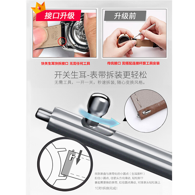 真皮替换手表带男女士牛皮带蝴蝶扣配件适配西铁橙浪琴康卡斯铁达时天梭天王DW时尚皮质柔软皮表链快拆 黑色红线-银色针扣 17mm