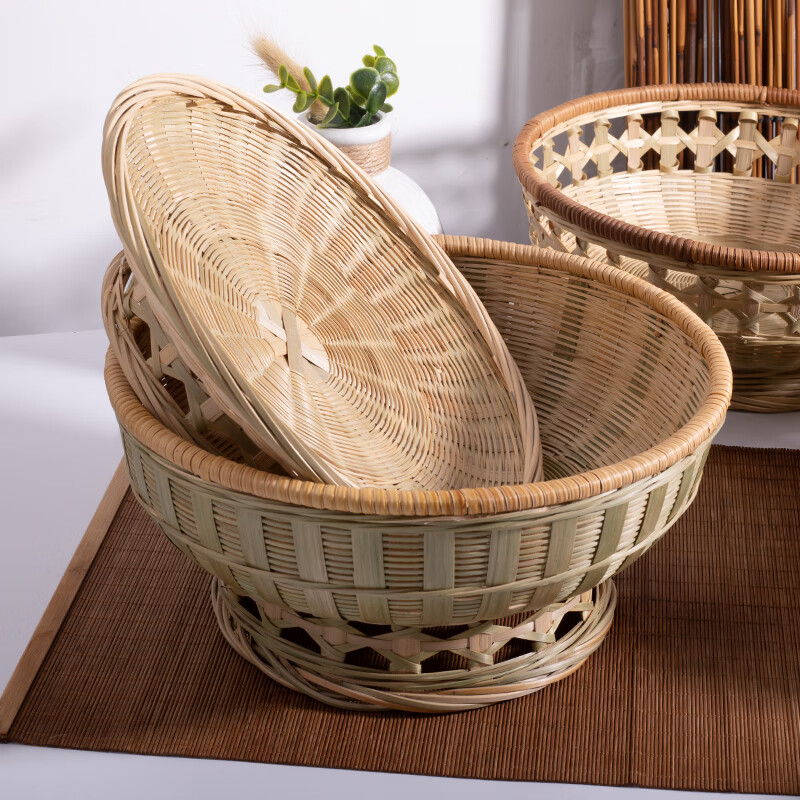 可狄竹编簸箕圆形馒头筐竹青平底篮零食水果盘竹制品家用收纳农家箩筐