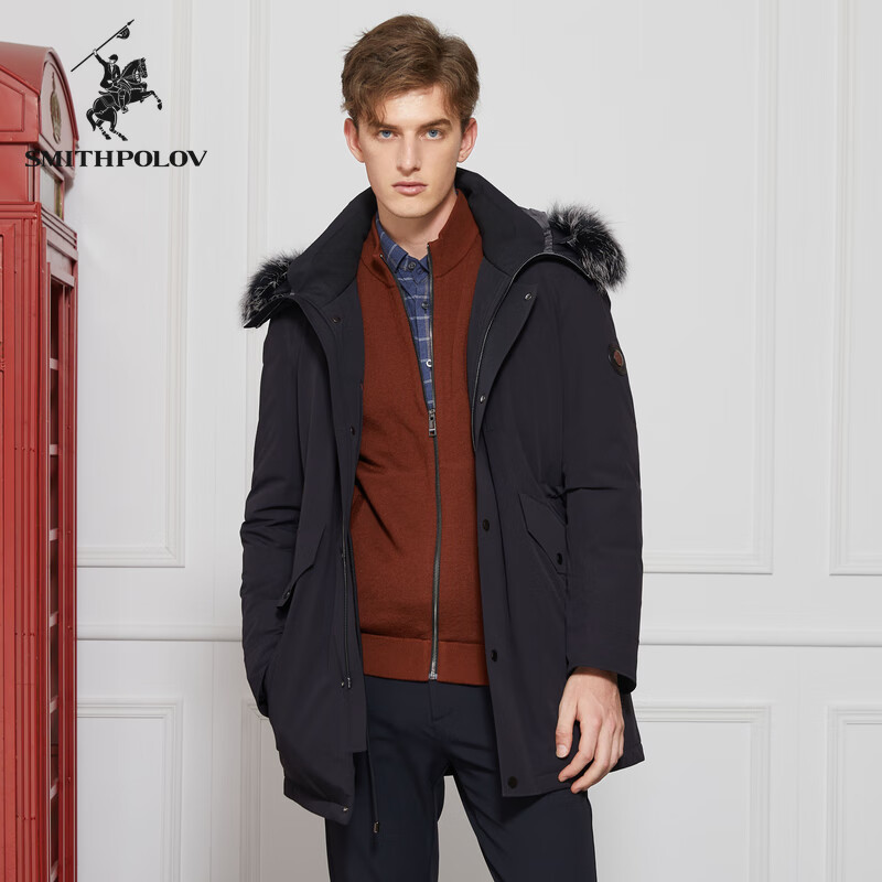 斯密特保罗（SMITHPOLOV）【狐狸毛皮】冬装保暖中长款外套羽绒服狐狸毛领白鹅绒男士羽绒服 黑色 46