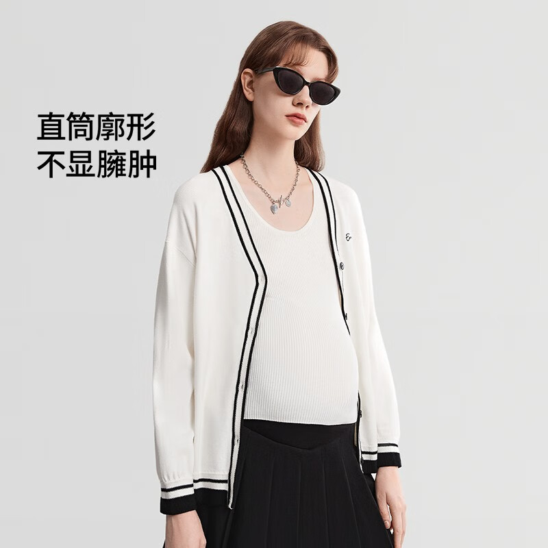嫚熙(EMXEE)嫚熙孕妇外套宽松遮怀显瘦V领撞色大码开衫孕妇装 黑底白条 L