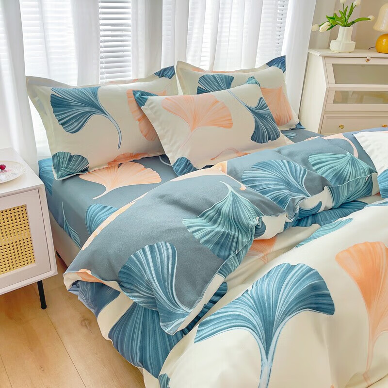 多兰诗（Duolanshi）磨毛四件套 斜纹印花卡通套件被套床单宿舍四季床上四件套 银杏花开米 1.2米 床单款 -被套150*200 三件套