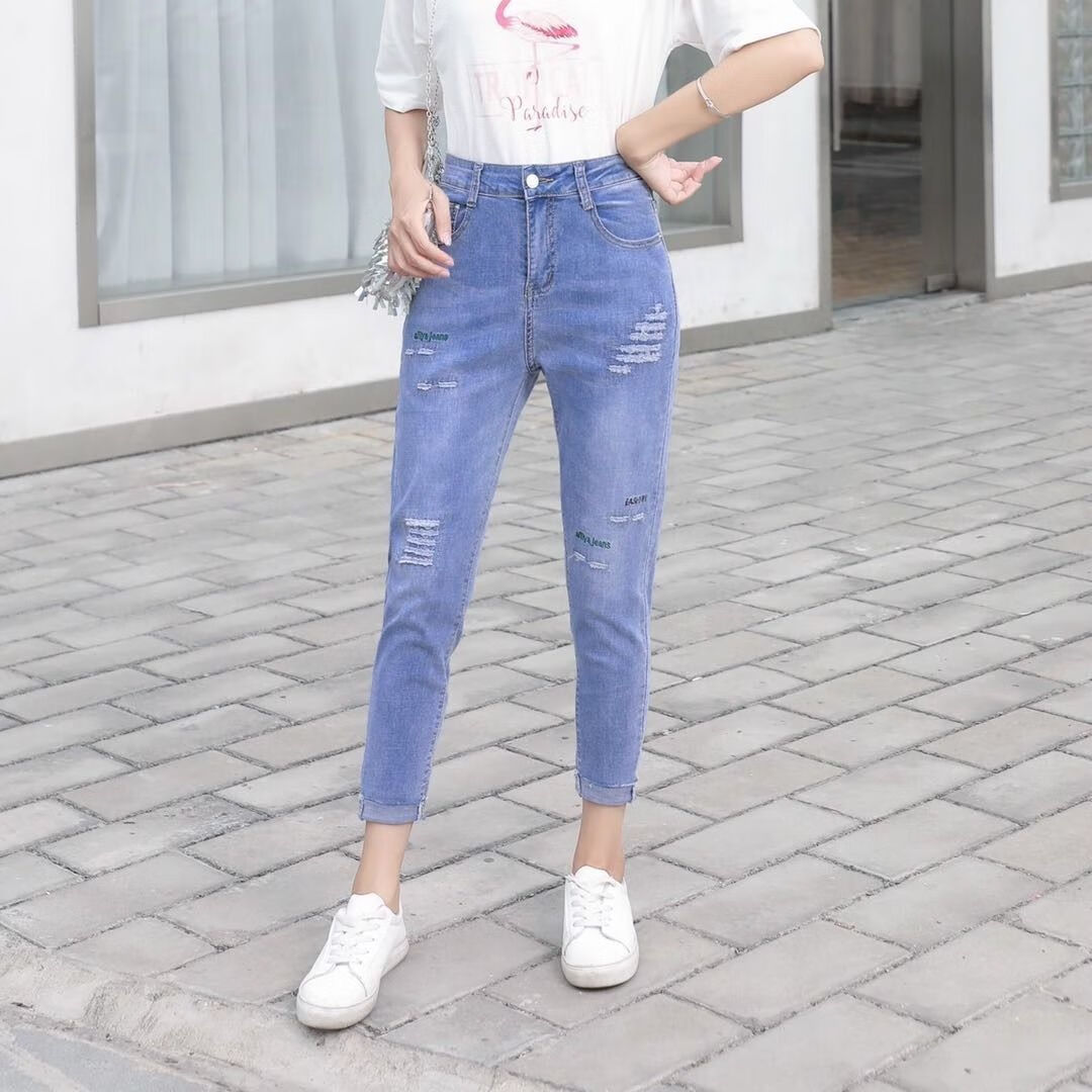 向晓西女生漏肚子衣服搭配牛仔裤哈伦裤的松紧腰九分牛仔裤女高腰韩版