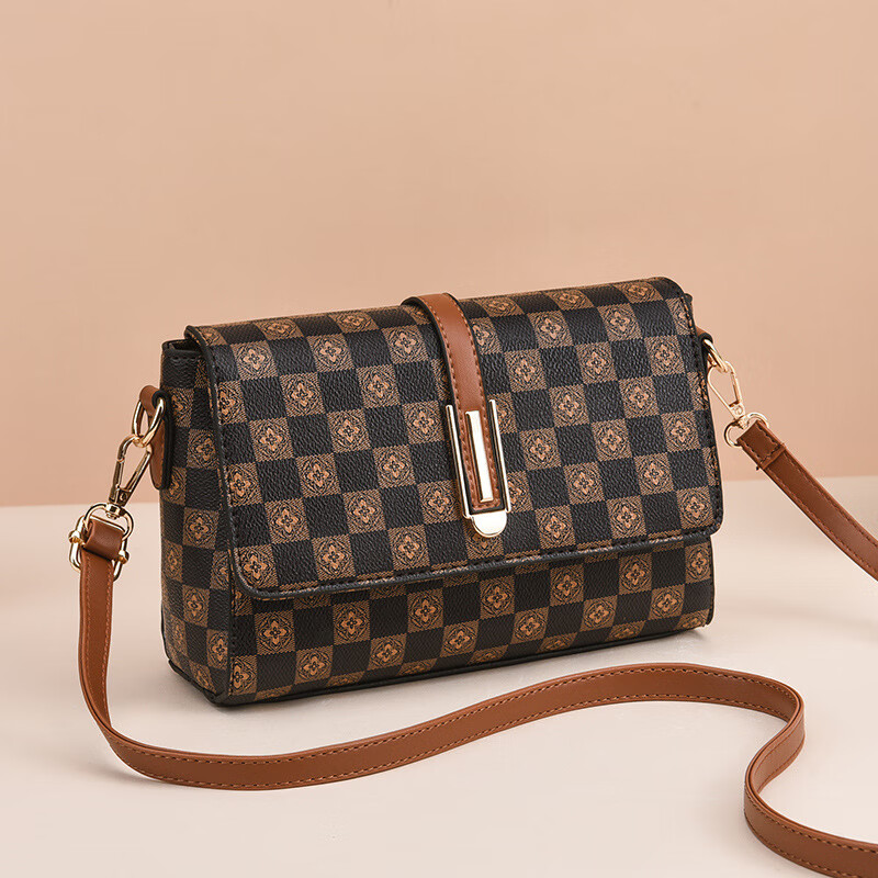 游子吟送妈妈女包包2024新款时尚单肩包斜挎小包包格子印花小方包 浅格子配土黄色