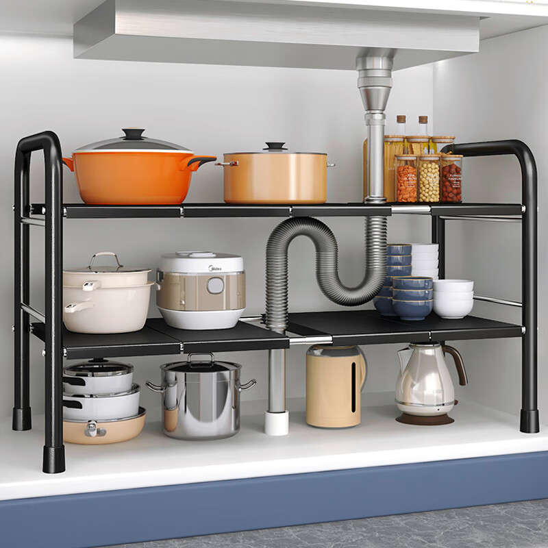 鑫恩理 加粗加厚厨房下水槽锅架置物架落地可伸缩橱柜分层隔板架台面