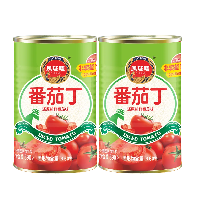 凤球唛（PHOENIX&EARTH）新疆番茄丁 番茄罐头 西红柿块新鲜番茄酱 番茄丁390g*2罐