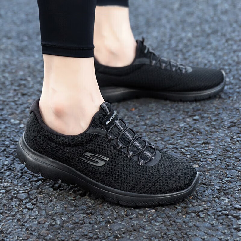 斯凯奇（Skechers）女鞋夏季2025新款软底网面鞋休闲运动妈妈鞋一脚蹬穿脱老人健步鞋 纯黑色-BBK 39