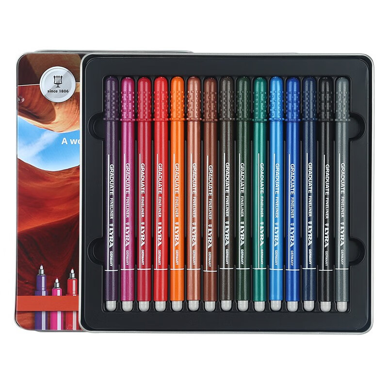 LYRA德国艺雅水基彩色勾线笔15色书写绘笔手帐笔淡色彩色笔铁盒装L6771151-暖色系