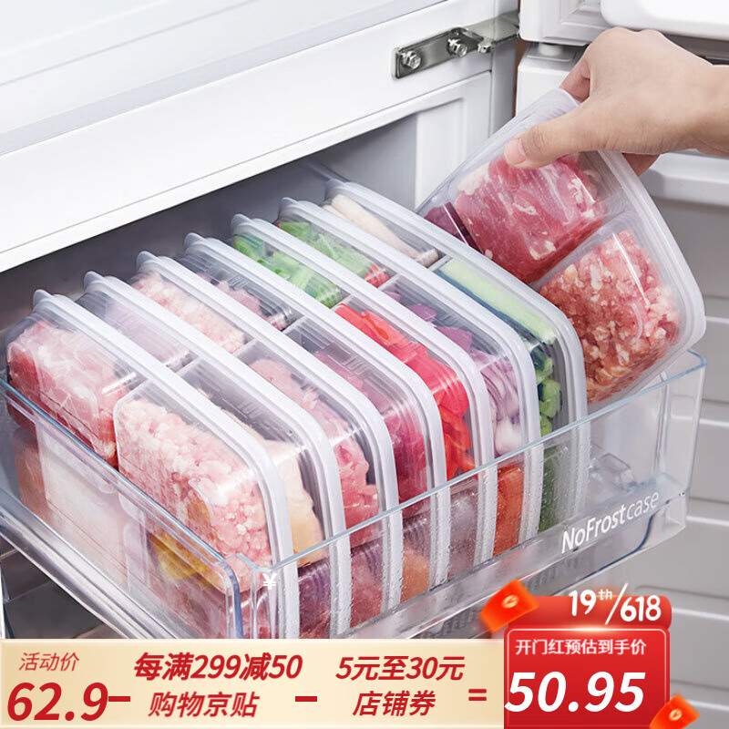 nakaya日本进口厨房冻肉分格盒子冰箱收纳盒食物分装葱姜备菜配菜肉末冷冻保鲜盒 四分格保鲜盒5个装