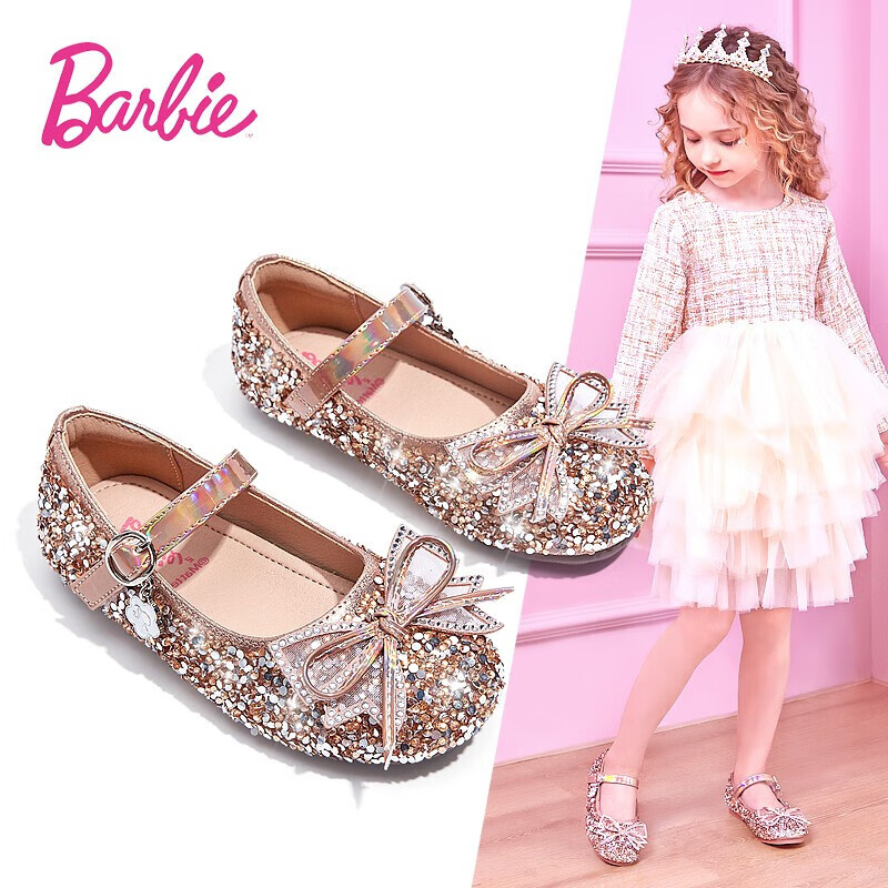 芭比 BARBIE 童鞋 小皮鞋女童公主鞋春秋水晶鞋女儿童皮鞋演出鞋配礼服单鞋软底 DA5384 香槟色 28码属于什么档次？