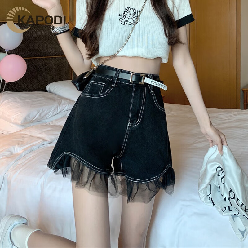 KAPODI短裤女辣妹牛仔春季设计感高腰显瘦蕾丝花边拼接外穿热裤C09 黑色 S高性价比高么？