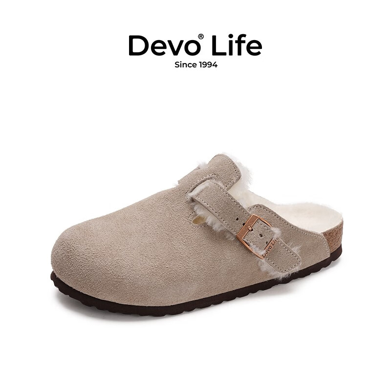Devo Life的沃软木拖鞋加绒加毛保暖外穿半包包头半拖毛毛鞋女66001 灰色反绒皮+白毛 38