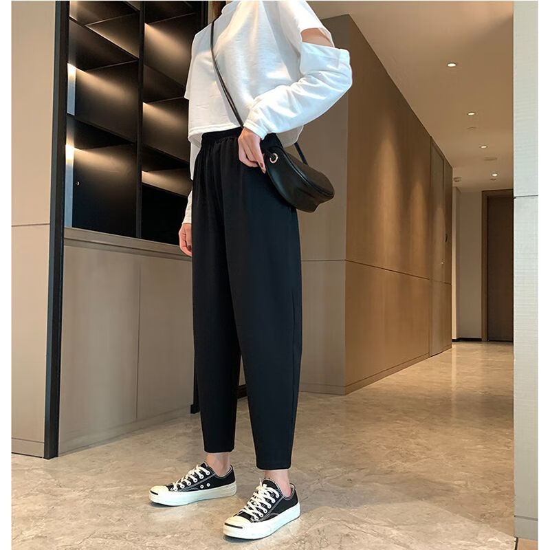 宁墅烟管裤女小个子150穿搭九分小脚奶奶裤黑色九分哈伦裤女春秋夏季