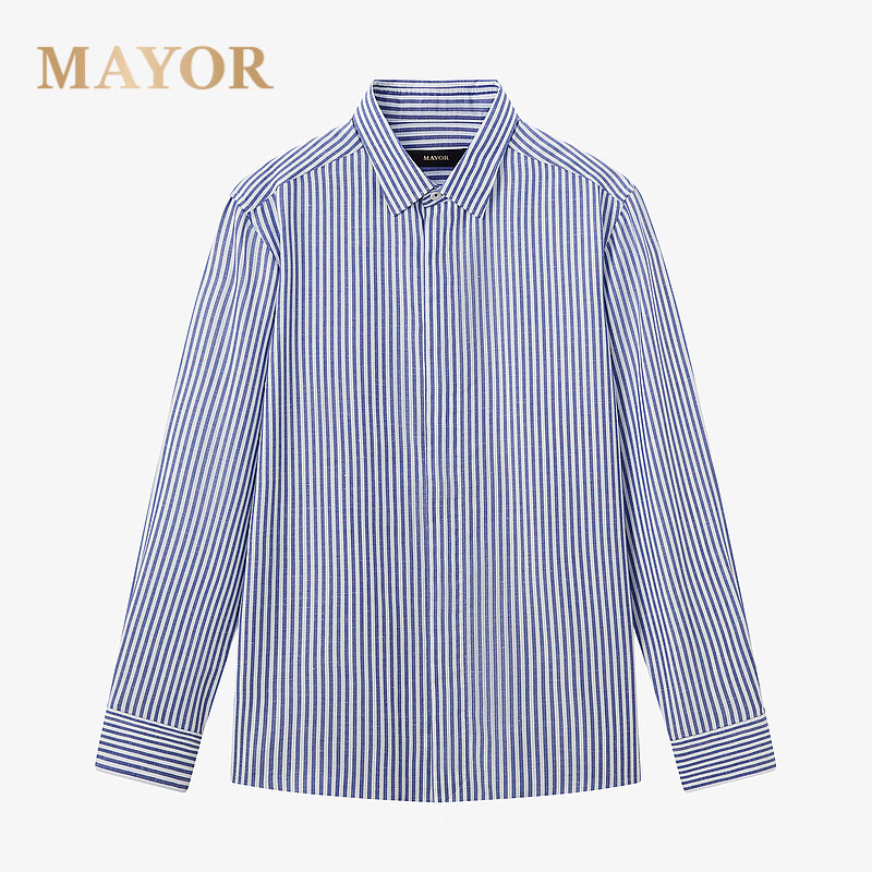 MAYOR男装春季300支棉汉麻桑蚕丝易烫商务蓝条长袖男衬衫 深蓝 38