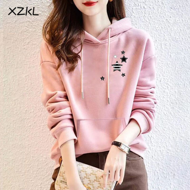 XZKL 连帽卫衣女印花2023秋冬季女装上衣加绒加厚洋气时尚显瘦外套潮 单里连帽卫衣-粉色【满天星】 L 【99斤-109斤】属于什么档次？
