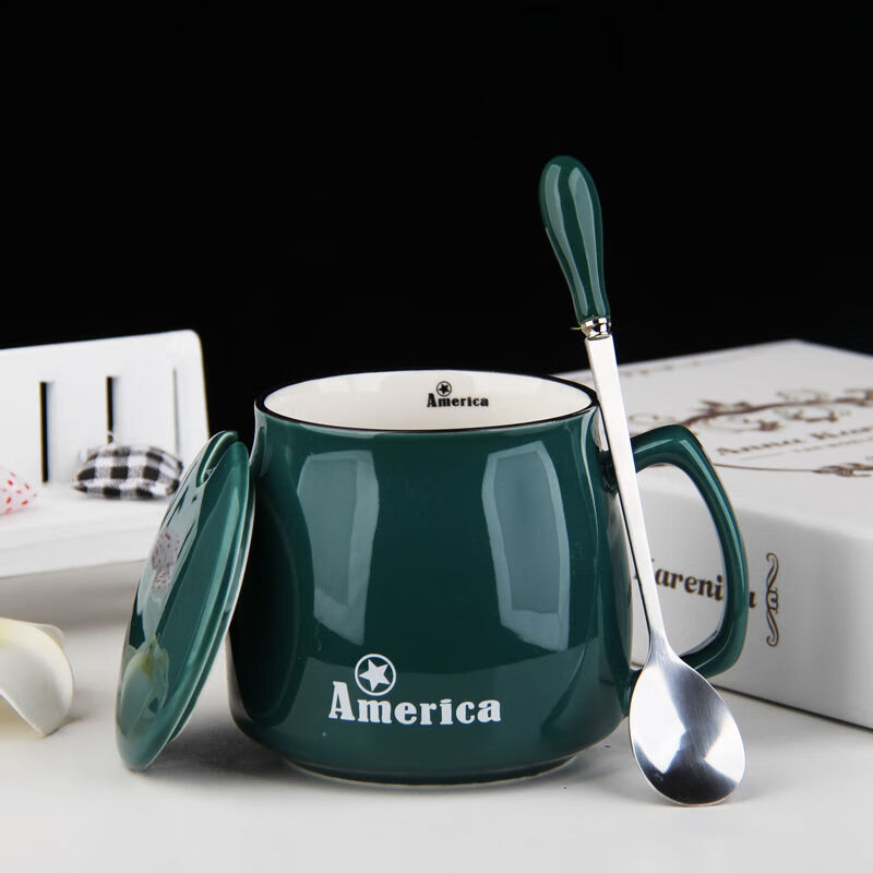 早餐杯子陶瓷马克杯带盖勺创意牛奶杯情侣咖啡杯简约家用办公水杯 绿色 日式杯+瓷盖精品勺