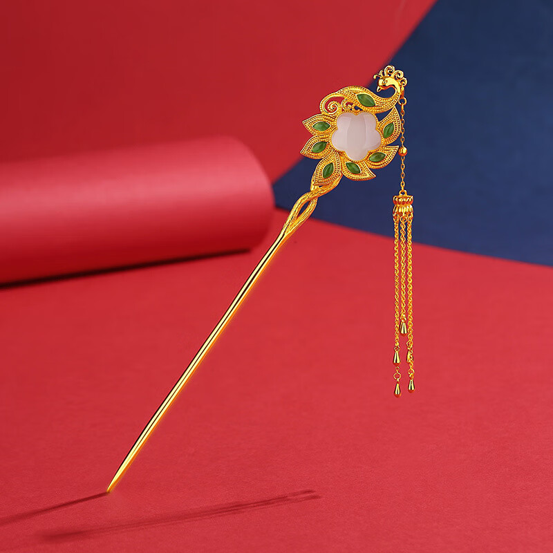 涧萦丝通体银和田白玉镶碧玉流苏孔雀发簪女古典民族风感簪子女礼物