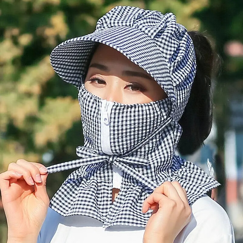 帽子女新款韩版学生夏季防晒遮阳帽防紫外线骑车遮脸采茶太阳帽潮 衬图 格子-黑色