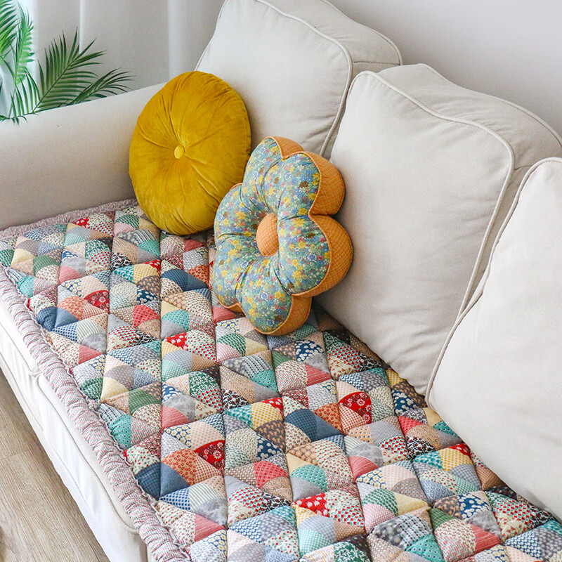 纯棉手工拼布加厚沙发垫四季防滑实木沙发垫子飘窗垫椅垫 三角拼红色