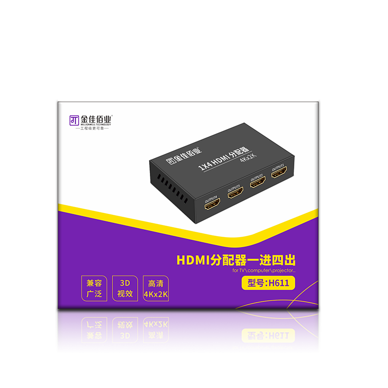 金佳佰业（Millionwell） HDMI分配器 一分四 电脑显示器分屏器 高清视1进4出H611 一进四出
