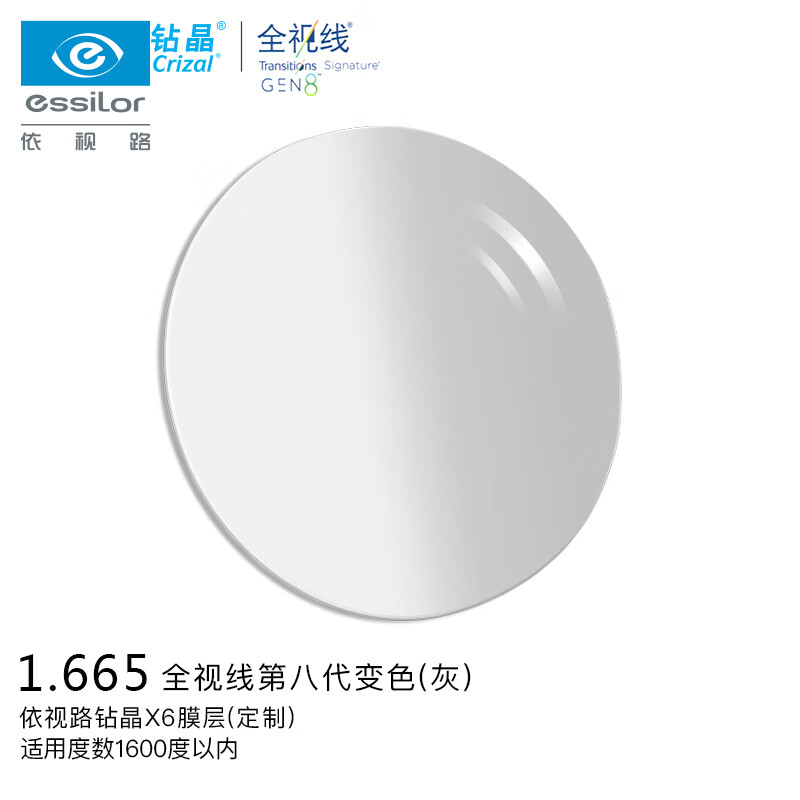依视路(ESSILOR)镜片钻晶X6全视线第八代T8变色/变灰眼镜片1.665/1.67非球面双面防紫外线配镜片定制一片装