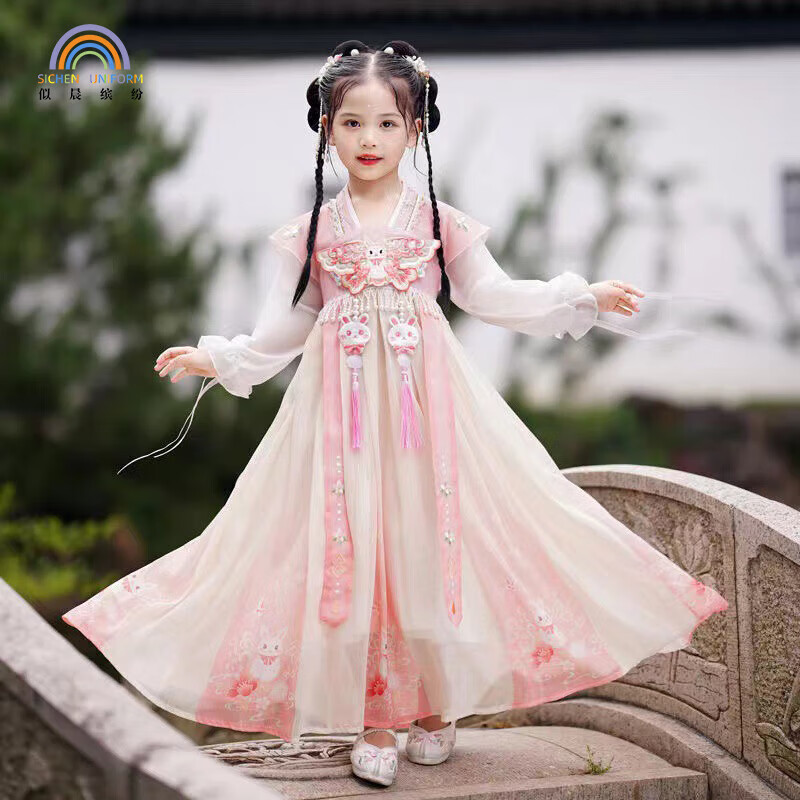儿童汉服女童秋季中国风公主连衣裙唐装古风中秋节演出服古装 粉色160怎么看?