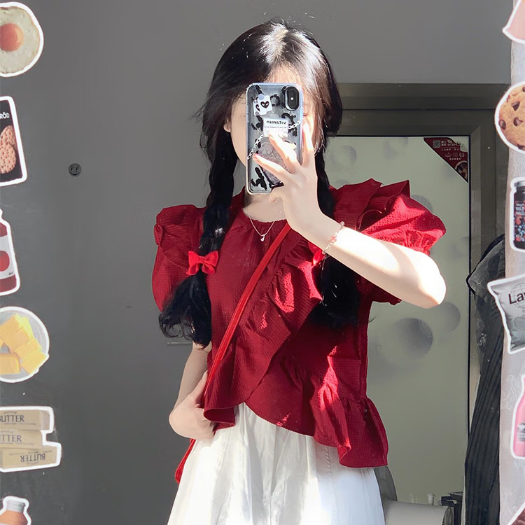 夏天套装小个子2023夏季新款泡泡袖洋气减龄活泼设计 红色上衣高质量