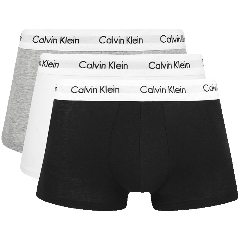 CalvinKlein内裤品牌推荐，男士三条装彩色循环LOGO腰边弹力棉质低腰平角内裤U2664998-黑白灰M优惠价格测评