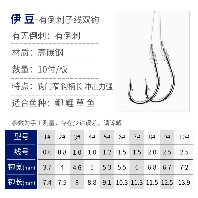 鱼钩绑好子线双钩成品套装钓鱼袖钩全套渔具鲫鱼钩 伊豆10付双钩带倒刺 4号