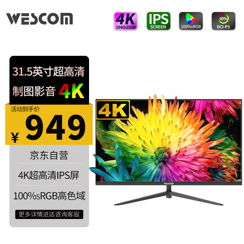 WESCOM 31.5英寸4K 超高清 IPS屏广视角高色域 10.7亿色 10bit 防撕裂不闪屏 制图影音显示器C3273IUY