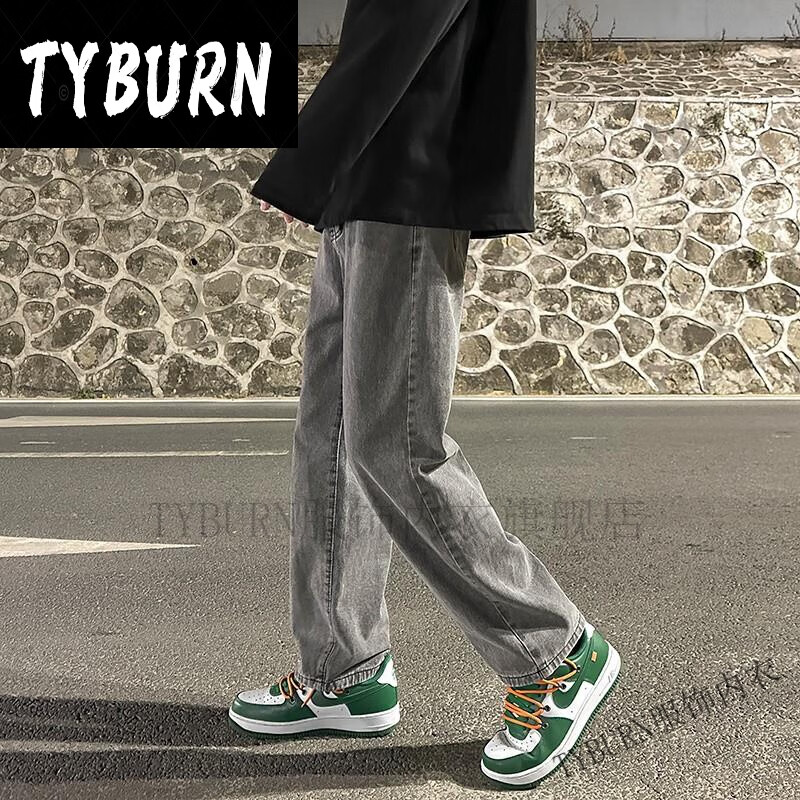 TYBURN朗威哲男裝牛仔褲男夏季寬松闊腿褲子男薄款痞帥休閑直筒潮 【松緊腰】黑灰色 S【建議90-105斤】