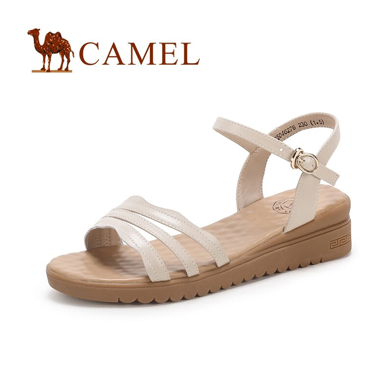 骆驼（CAMEL）女鞋夏季新款一字扣舒适妈妈鞋女休闲中跟平底凉鞋女 A025046276，米色  37