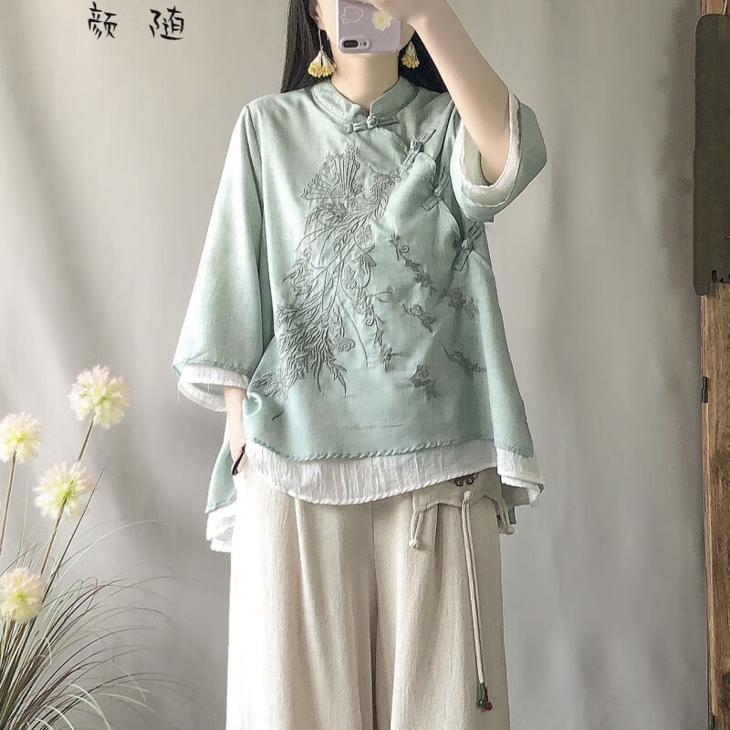 古风女仙女中国风复古斜襟盘扣衬衫春夏季棉麻改良汉服禅意茶服女装