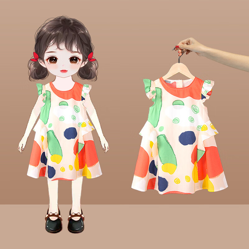 潮精灵女童连衣裙夏季新款儿童纯棉裙子宝宝夏装洋气彩色涂鸦薄款棉布