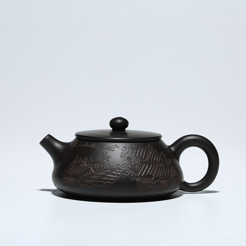宜兴手工紫砂壶原矿黑泥陶刻江南水乡石瓢壶茶壶茶具泡茶专用送礼 黑