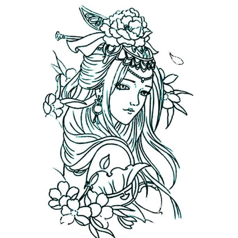 纹身贴 花臂  割线虞姬线条刺青色艺花臂纹身贴貂蝉滴泪艺伎纹身防水