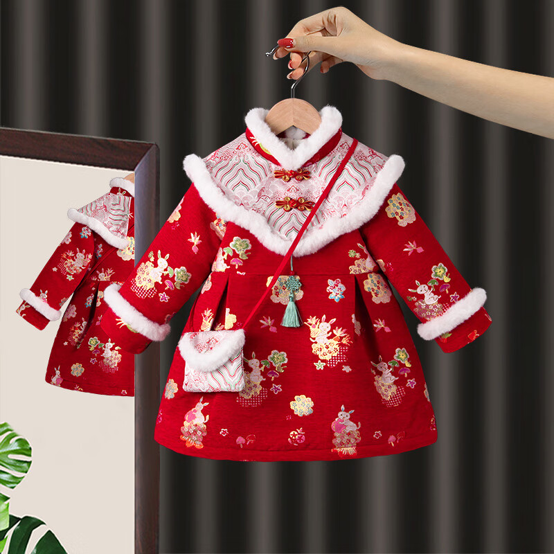 儿童中国风童装加棉唐装小童过年宝宝拜年服喜庆小女孩周岁抓周裙子