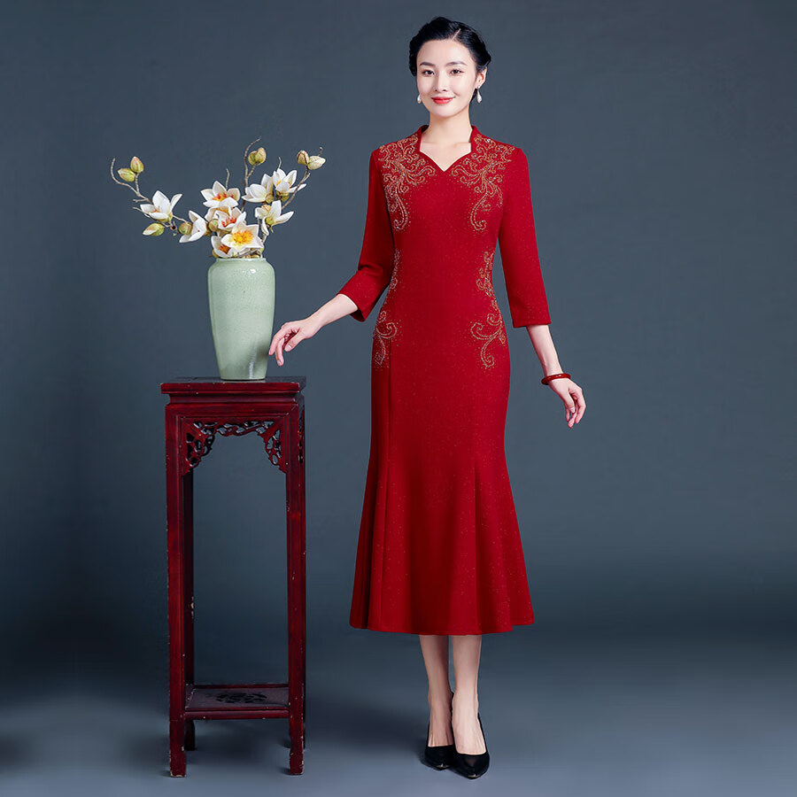 婚庆婆婆礼服年轻高端婚礼高贵喜婆婆春秋款婚宴旗袍连衣裙年轻鱼尾妈