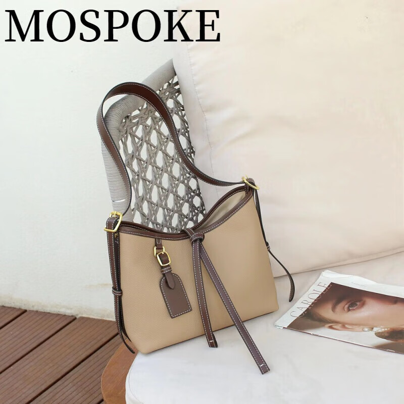 mospoke单肩包时尚女包感托特包大容量头层牛皮斜挎包 摩卡灰[]