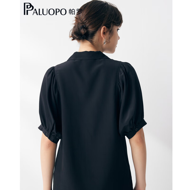 帕罗（PALUOPO）【慵懒气质】夏季季真丝衬衫领质感纯色泡泡袖桑蚕丝女士上装衬衣 黑 M (160/84A)