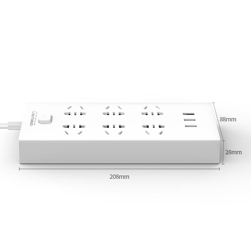 得力（deli）USB智能插座 插排/插线板/接线板/排插/拖线板 3USB接口+6孔 总控2米 儿童保护门 27080