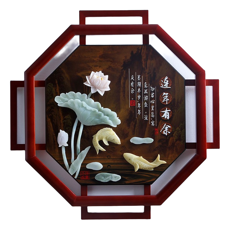 沃皓（wohao）玉雕畫掛件東陽木雕客廳書房玄關(guān)背景墻壁裝飾仿古中式雕刻 八角 連年有余(60厘米)