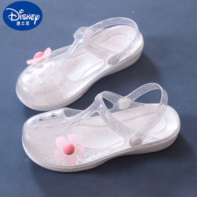 迪士尼（DISNEY）女童涼鞋夏季包頭水晶果凍鞋公主塑料拖鞋外穿沙灘兒童洞洞鞋女孩 花朵銀色 33 適合32-33碼腳穿