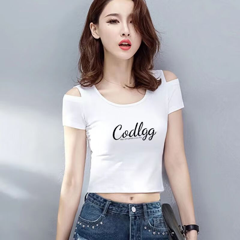 遥芷小个子女短小款短装高腰修身露脐t恤2023新款夏季露肩短袖短款字