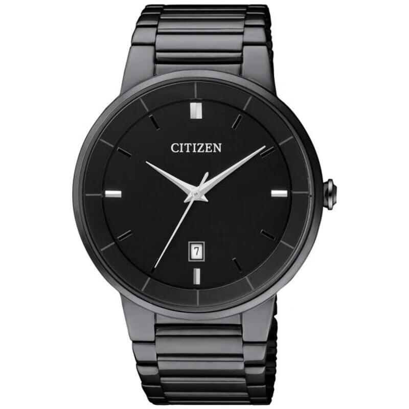 西铁城(citizen)男士简约时尚石英不锈钢表带黑色表盘analog腕表 bi