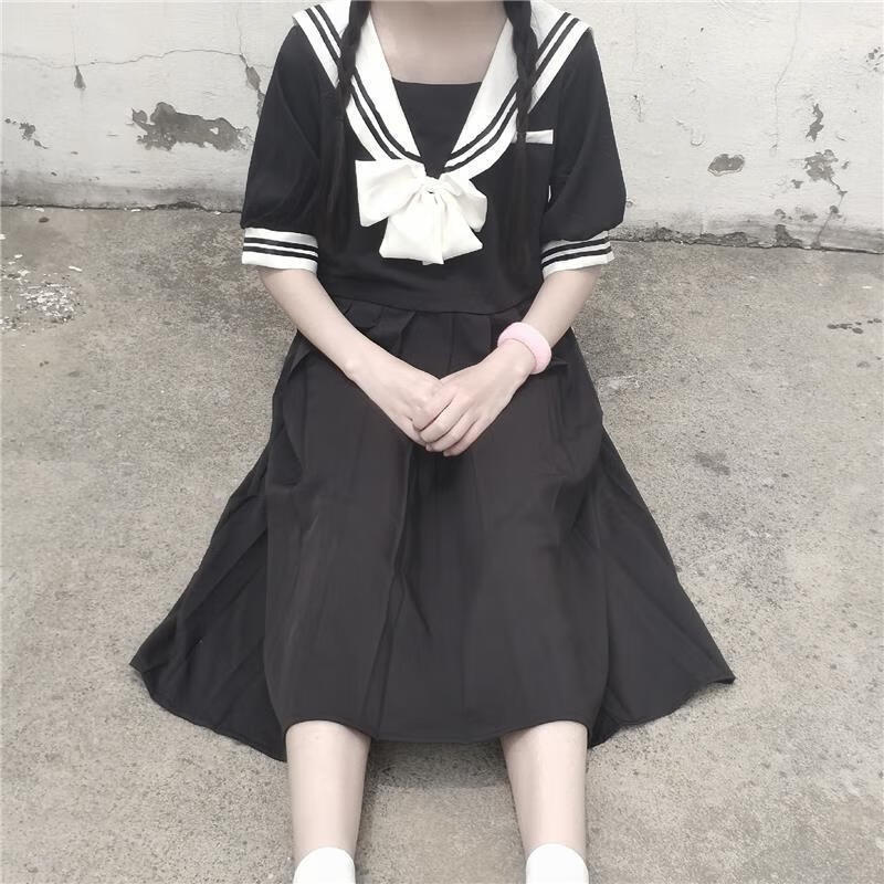 夏季新甜美学院风领水手服短袖jk连衣裙女学生宽松中长裙子 01#黑色 s