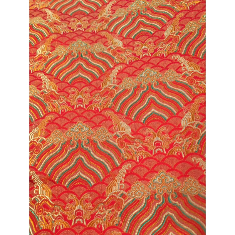 云纹织锦缎 中华丝绸城织锦缎云纹海浪波浪提花面料桑传统中国布p 红