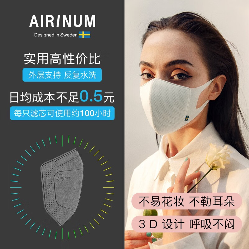 Airinum睿铂Lite口罩防晒防风防尘防雾霾男女可水洗3D立体透气口罩 冰川白L